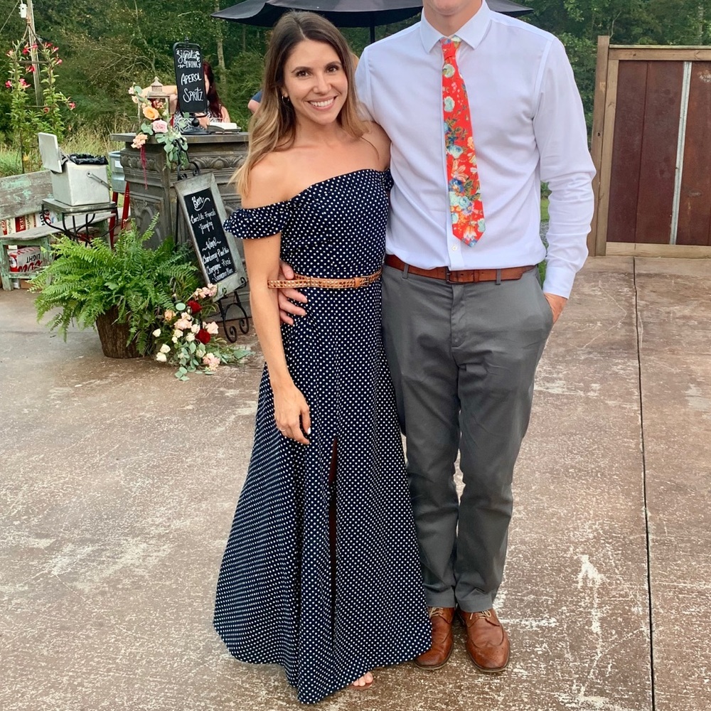 Lulu’s, Dream Love Navy Blue Polka Dot Off-the-Shoulder Maxi Dress